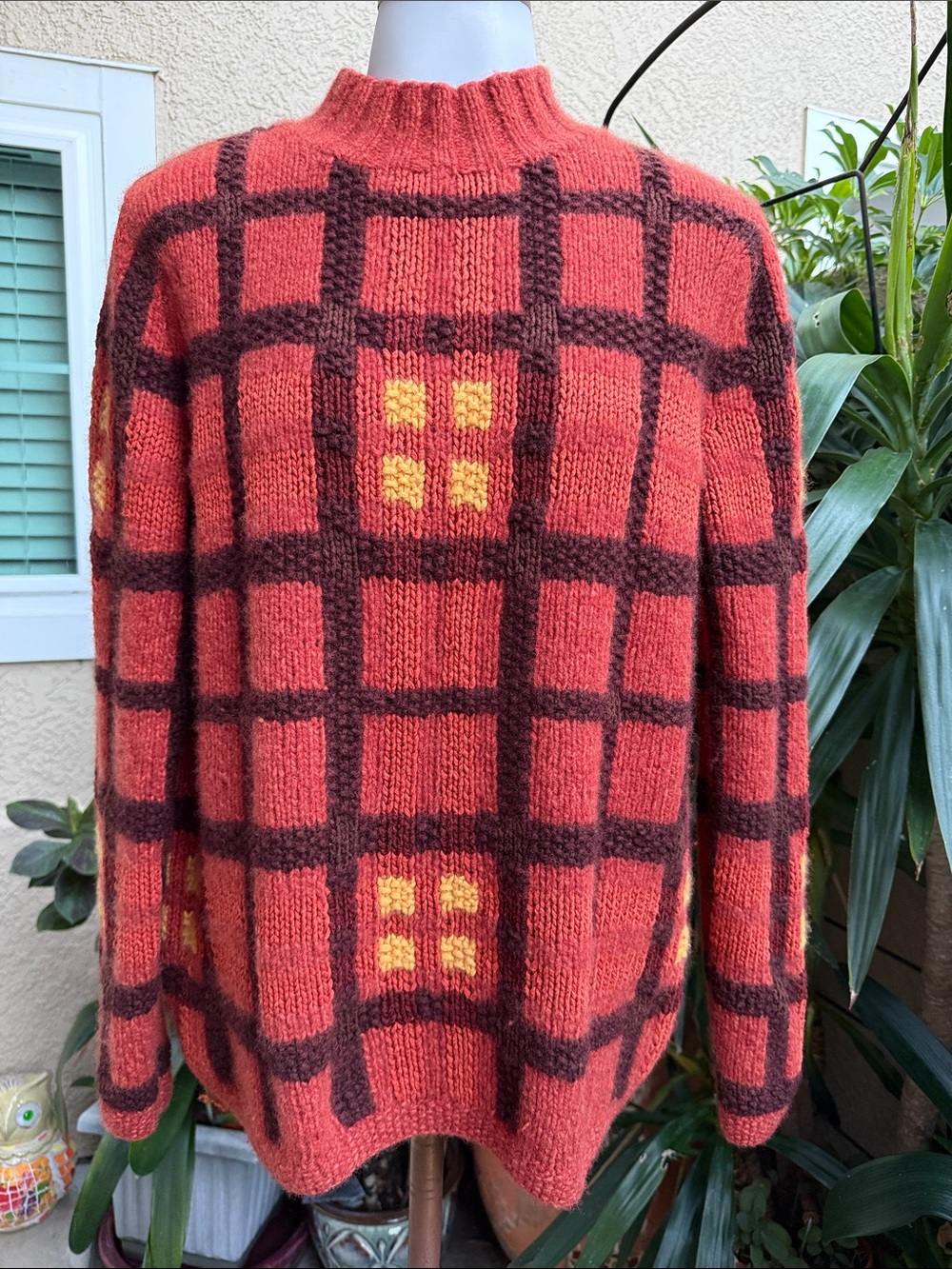 Vintage Hand Knit for Jones New York Brown Plaid Cozy Knit Wool Blend Sweater